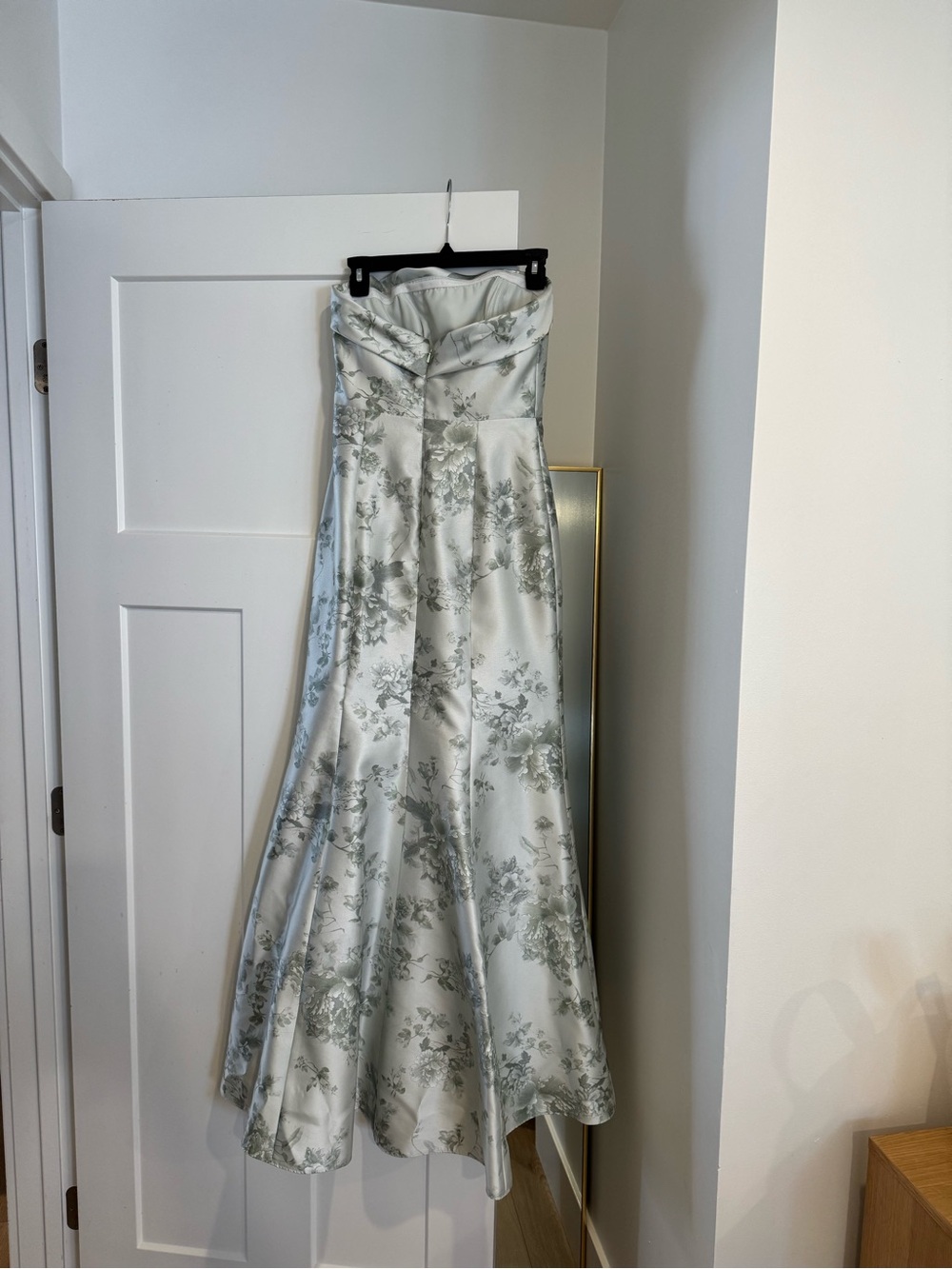 ALFRED SUNG Pale Green-White Floral Satin Strapless Maxi Dress - Picture 4 of 6